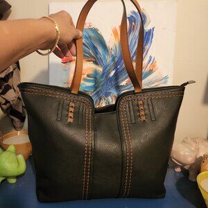 Big MONTANA WEST black faux pebble leather shoulder bag|Tan faux leather handle